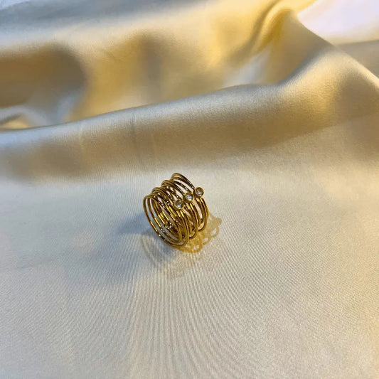 Bague multi-rangs en acier inoxydable doré posée sur un fond satiné doré, offrant un contraste élégant.